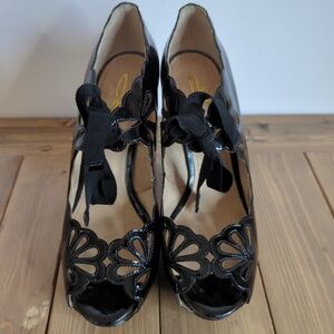 Black Patent Leather Tear Drop Scalloped Edge Open Toe Heels